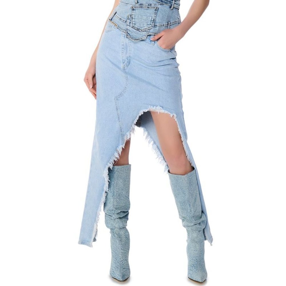 Akira JUST WANNA DANCE HIGH LOW DENIM SKIRT IN LIGHT BLUE DENIM